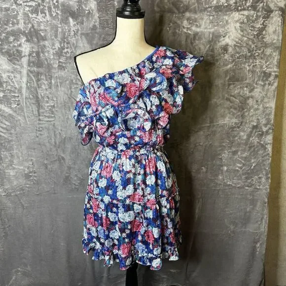 Perfectly Priscilla Dress Small One Shoulder Blue Floral Boho Tiered Preppy‎ NEW - Picture 2 of 16